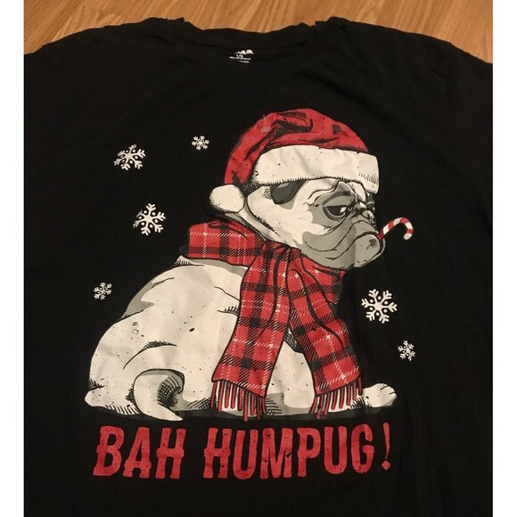 Bah Humpug Christmas Graphic T-Shirt L/G Black Cotton Pug Dog Cotton Unisex - Picture 2 of 6